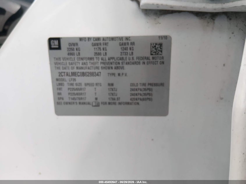 2011 Gmc Terrain VIN 2CTALMEC0B6288347 IAAI salvage auction — REAR END, Clear (Florida), sold $350 on 2026-07-12 (photo 9)