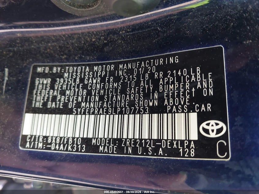 2020 Toyota Corolla VIN 5YFEPRAE9LP107753 IAAI salvage auction — REAR END, Salvage (North Carolina), sold $3,250 on 2026-07-27 (photo 9)