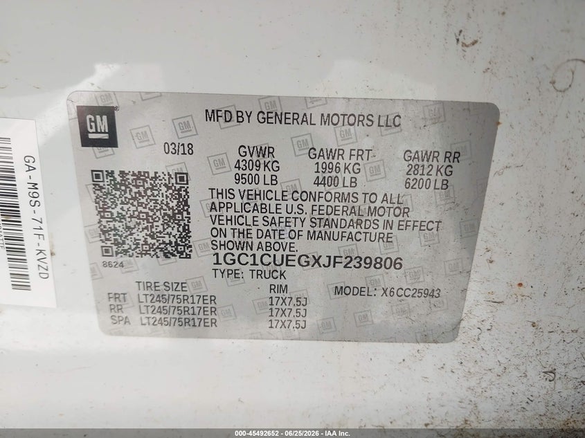 2018 Chevrolet Silverado 2500 VIN 1GC1CUEGXJF239806 IAAI salvage auction — NORMAL WEAR, Sf97 (California), sold $15,100 on 2026-07-30 (photo 9)