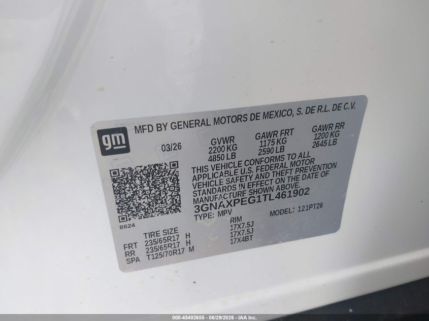 2026 Chevrolet Equinox VIN 3GNAXPEG1TL461902 IAAI salvage auction — FRONT & REAR, Clear (Texas), sold $12,500 on 2026-07-30 (photo 9)