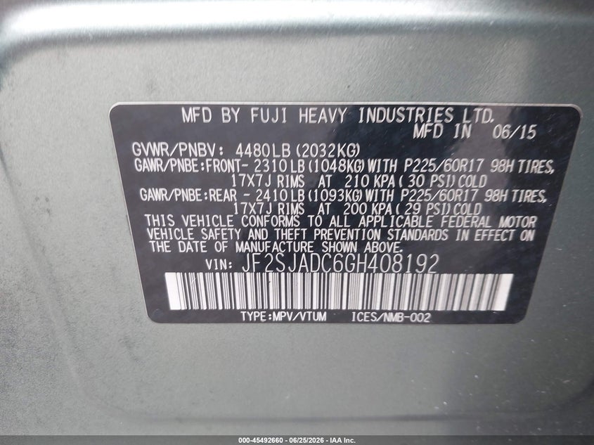 2016 Subaru Forester VIN JF2SJADC6GH408192 IAAI salvage auction — NORMAL WEAR, Clear (Florida), sold $475 on 2026-07-23 (photo 9)