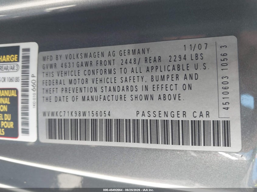 2008 Volkswagen VIN WVWKC71K98W156054 IAAI salvage auction — NORMAL WEAR, Clear - Dealer Only (California), sold $4,075 on 2026-07-06 (photo 9)