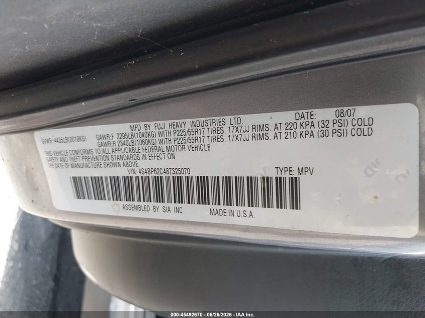 2008 Subaru Outback VIN 4S4BP62C487325070 IAAI salvage auction — NORMAL WEAR, Original (Texas), sold $475 on 2026-07-28 (photo 9)