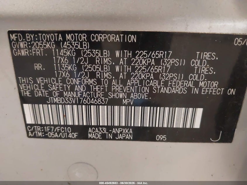 2007 Toyota Rav4 VIN JTMBD33V176046837 IAAI salvage auction — NORMAL WEAR, Clear (Michigan), sold $325 on 2026-07-21 (photo 9)