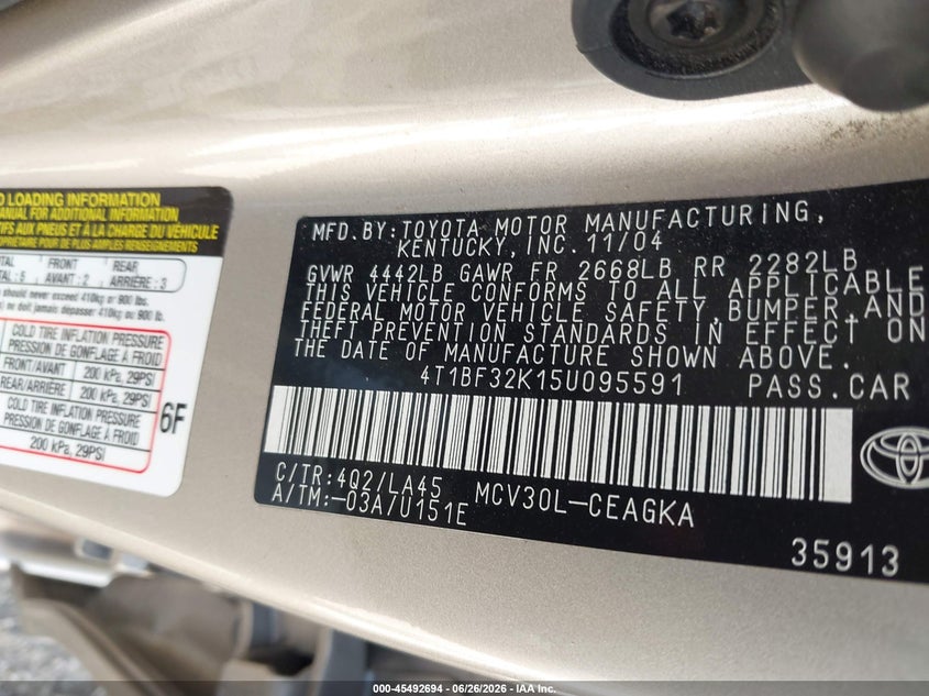 2005 Toyota Camry VIN 4T1BF32K15U095591 IAAI salvage auction — FRONT END, Salvage (Texas), sold $375 on 2026-07-10 (photo 9)