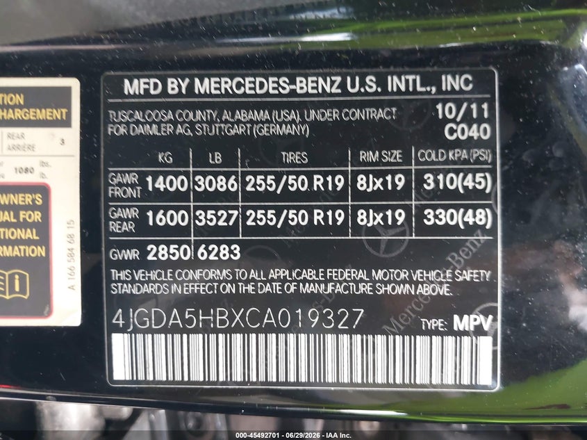 2012 Mercedes-benz M-klasse VIN 4JGDA5HBXCA019327 IAAI salvage auction — SIDE, Salvage Title, sold $3,250 on 2026-07-31 (photo 9)