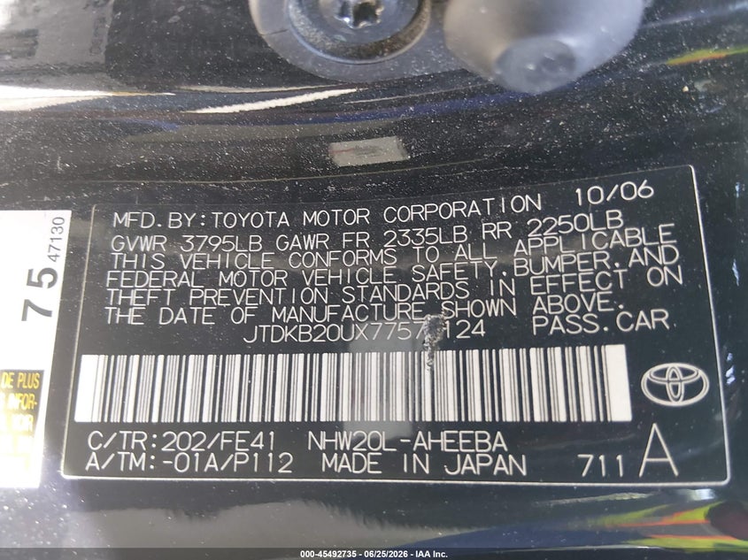2007 Toyota Prius VIN JTDKB20UX77574124 IAAI salvage auction — NORMAL WEAR, Clear (Nevada), sold $650 on 2026-07-17 (photo 9)