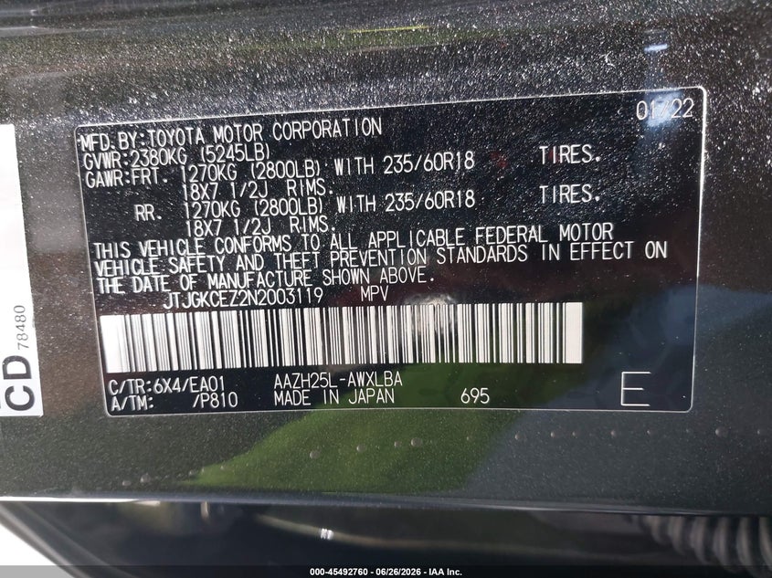 2022 Lexus Nx VIN JTJGKCEZ2N2003119 IAAI salvage auction — LEFT SIDE, Salvage (California), sold $25,750 on 2026-07-15 (photo 9)
