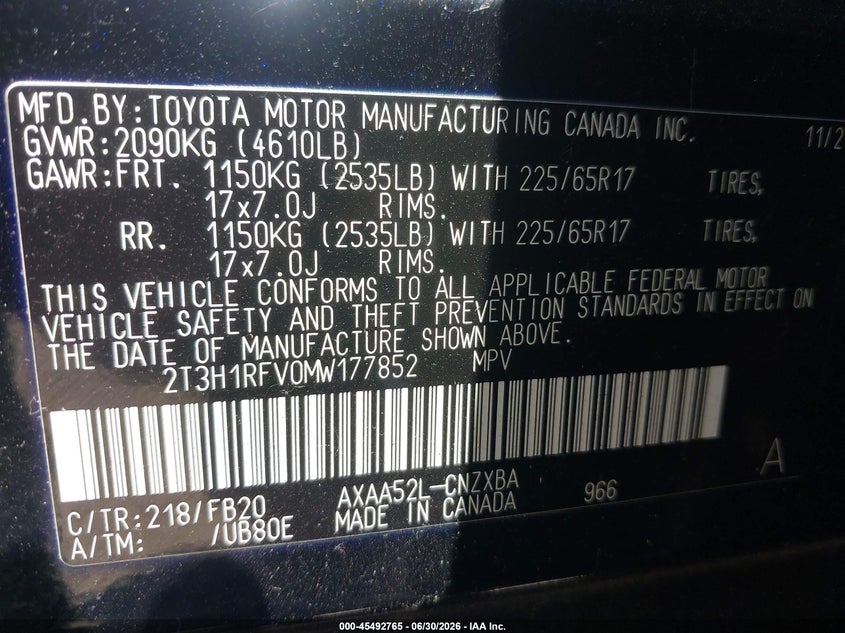 2021 Toyota Rav 4 VIN 2T3H1RFV0MW177852 IAAI salvage auction — FRONT END, Salvage Title, sold $7,200 on 2026-07-23 (photo 9)