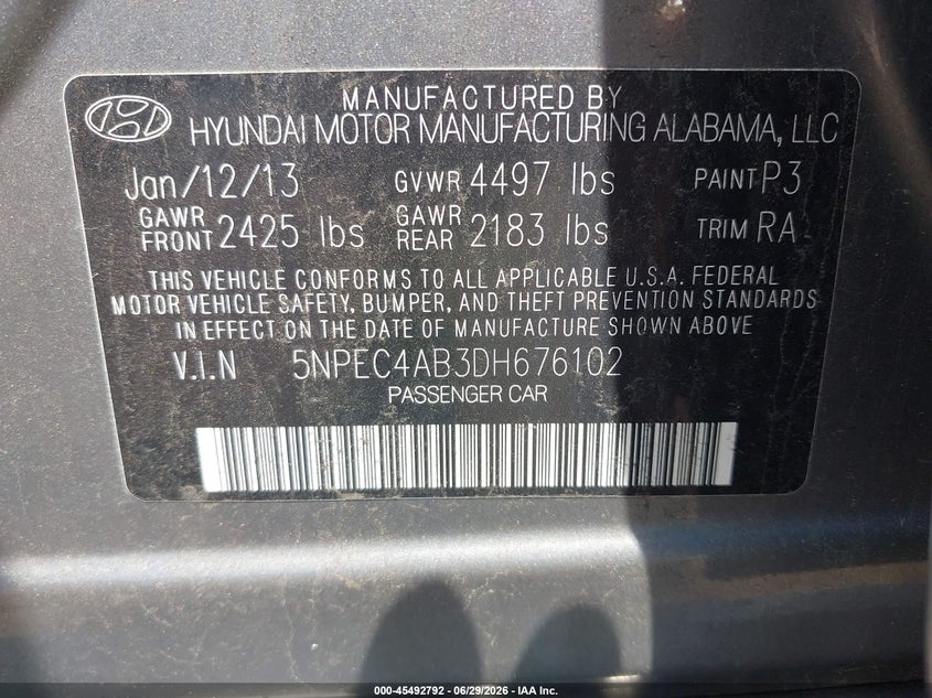 2013 Hyundai Sonata VIN 5NPEC4AB3DH676102 IAAI salvage auction — FRONT END, Salvage Title, sold $325 on 2026-07-22 (photo 9)