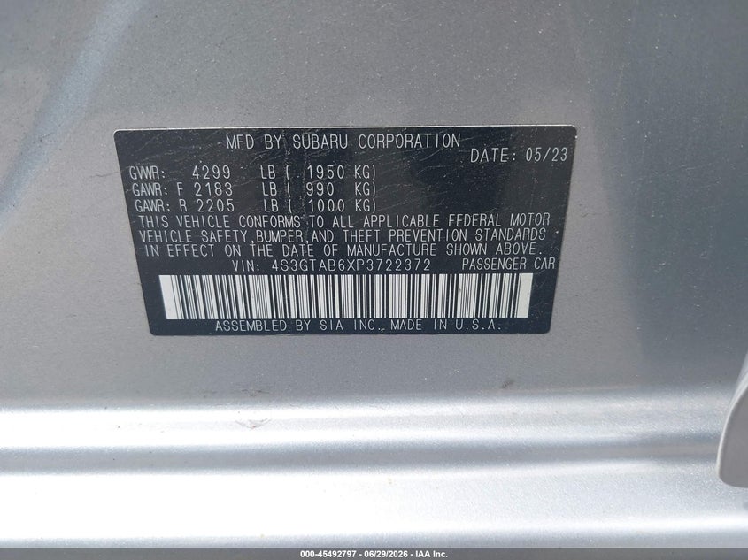 2023 Subaru Impreza VIN 4S3GTAB6XP3722372 IAAI salvage auction — HAIL, Salvage Title, sold $9,600 on 2026-08-18 (photo 9)
