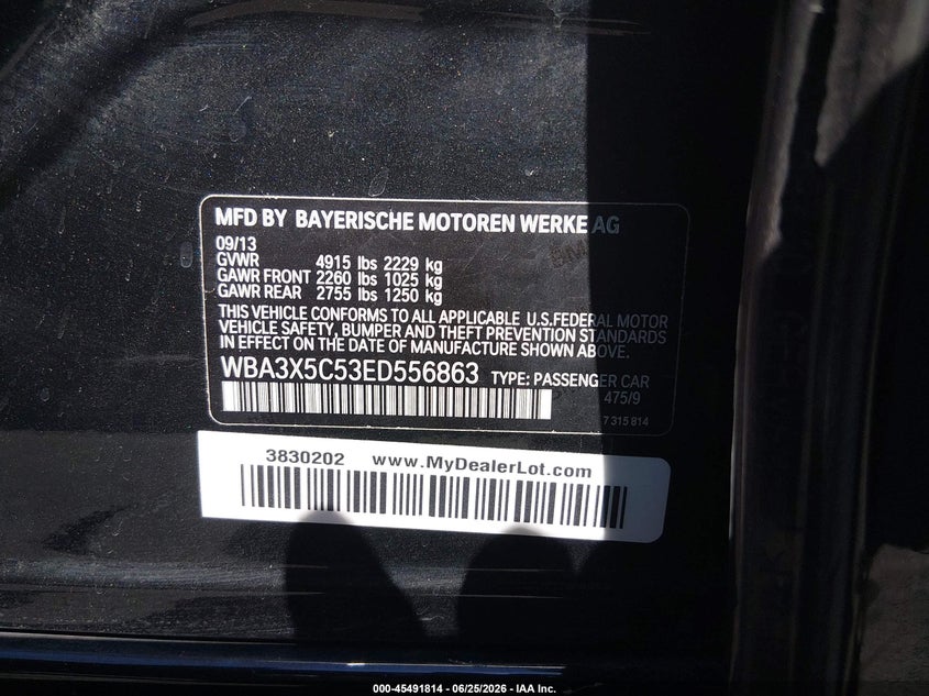 2014 BMW 3er VIN WBA3X5C53ED556863 IAAI salvage auction — NORMAL WEAR, Clear (Virginia), sold $675 on 2026-07-10 (photo 9)