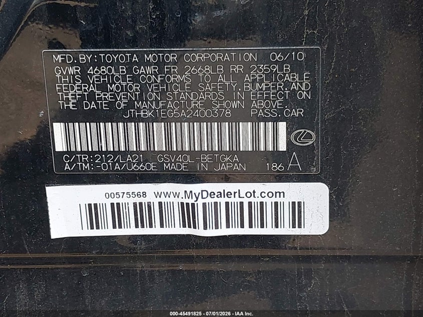 2010 Lexus Es 350 VIN JTHBK1EG5A2400378 IAAI salvage auction — FRONT END, Clear (New Jersey), sold $800 on 2026-07-06 (photo 9)