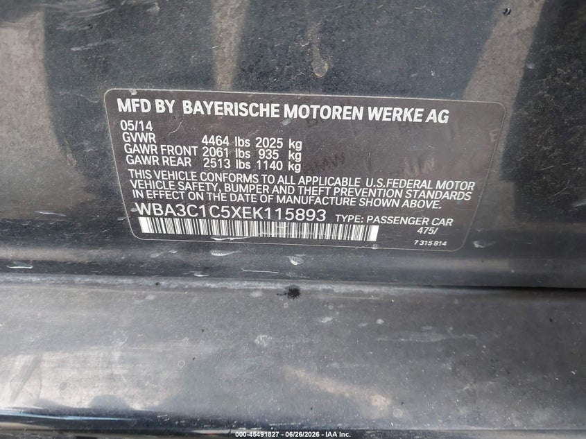 2014 BMW 3er VIN WBA3C1C5XEK115893 IAAI salvage auction — FRONT END, Salvage (California), sold $1,250 on 2026-07-17 (photo 9)