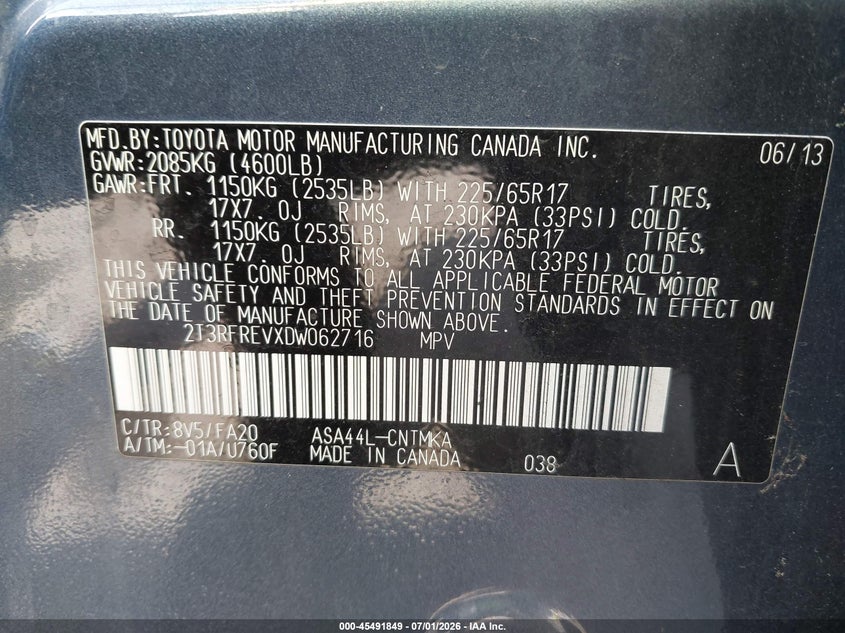 2013 Toyota Rav 4 VIN 2T3RFREVXDW062716 IAAI salvage auction — FRONT END, Salvage Title, sold $3,550 on 2026-07-18 (photo 9)