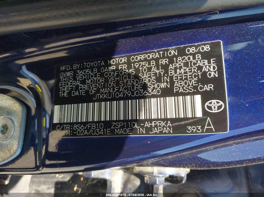 2009 Scion Xd VIN JTKKU10479J036340 IAAI salvage auction — FRONT & REAR, Salvage (Rhode Island), sold $125 on 2026-07-28 (photo 9)
