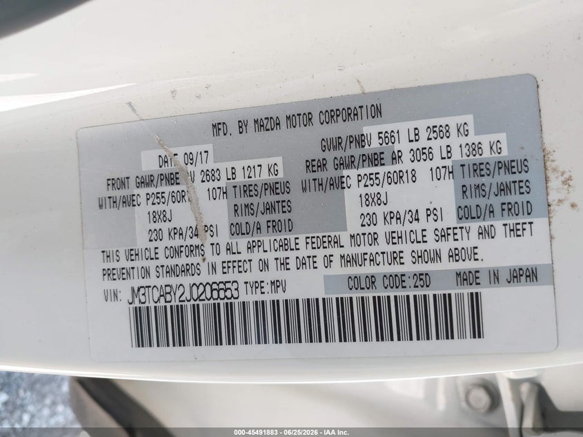 2018 Mazda Cx-9 VIN JM3TCABY2J0206653 IAAI salvage auction — FRONT END, Salvage (California), sold $1,750 on 2026-07-29 (photo 9)