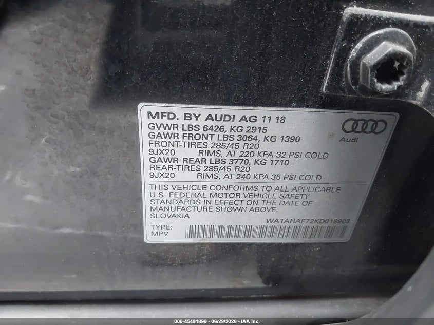 2019 Audi Q7 VIN WA1AHAF72KD018903 IAAI salvage auction — UNDERCARRIAGE, Salvage Certificate (California), sold $4,250 on 2026-07-31 (photo 9)