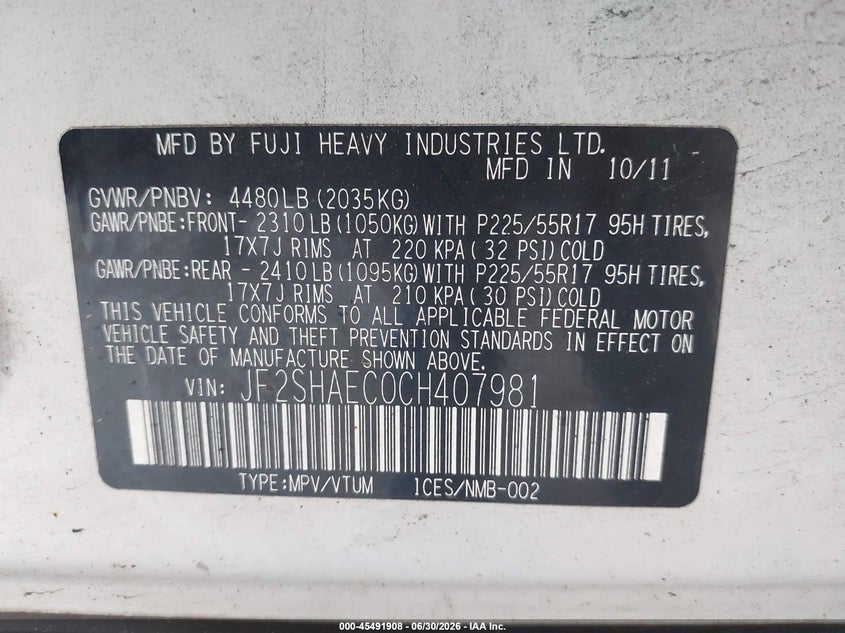 2012 Subaru Forester VIN JF2SHAEC0CH407981 IAAI salvage auction — NORMAL WEAR, Clear (New York), sold $400 on 2026-07-08 (photo 9)