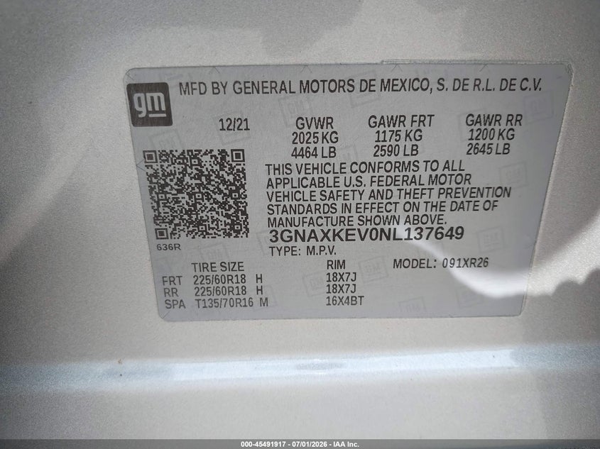 2022 Chevrolet Equinox VIN 3GNAXKEV0NL137649 IAAI salvage auction — LEFT SIDE, Salvage (South Carolina), sold $4,700 on 2026-07-19 (photo 9)