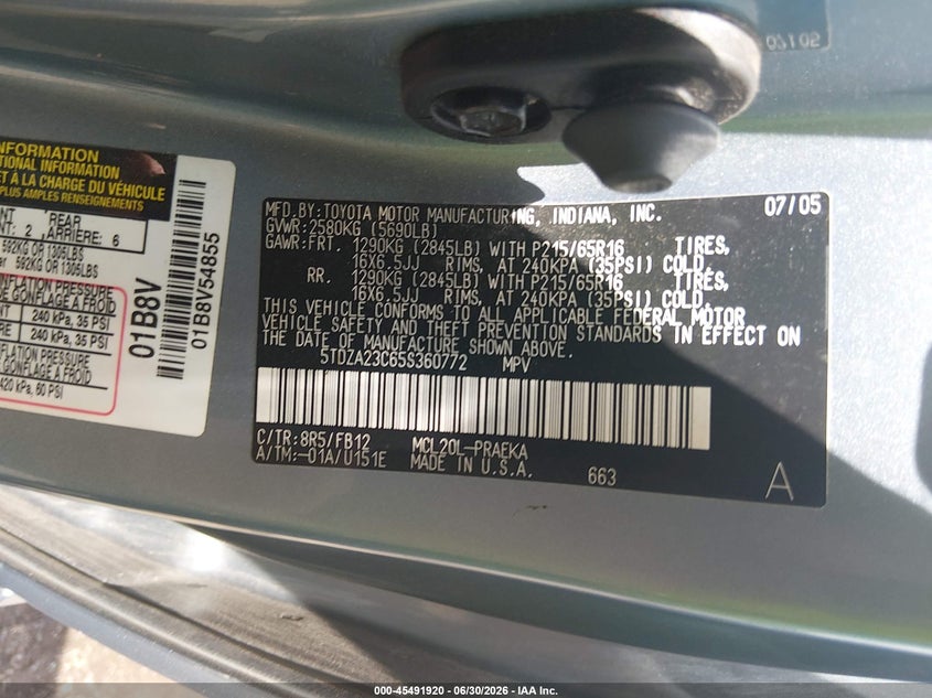 2005 Toyota Sienna VIN 5TDZA23C65S360772 IAAI salvage auction — NORMAL WEAR, Original (Ohio), sold $2,025 on 2026-07-08 (photo 9)