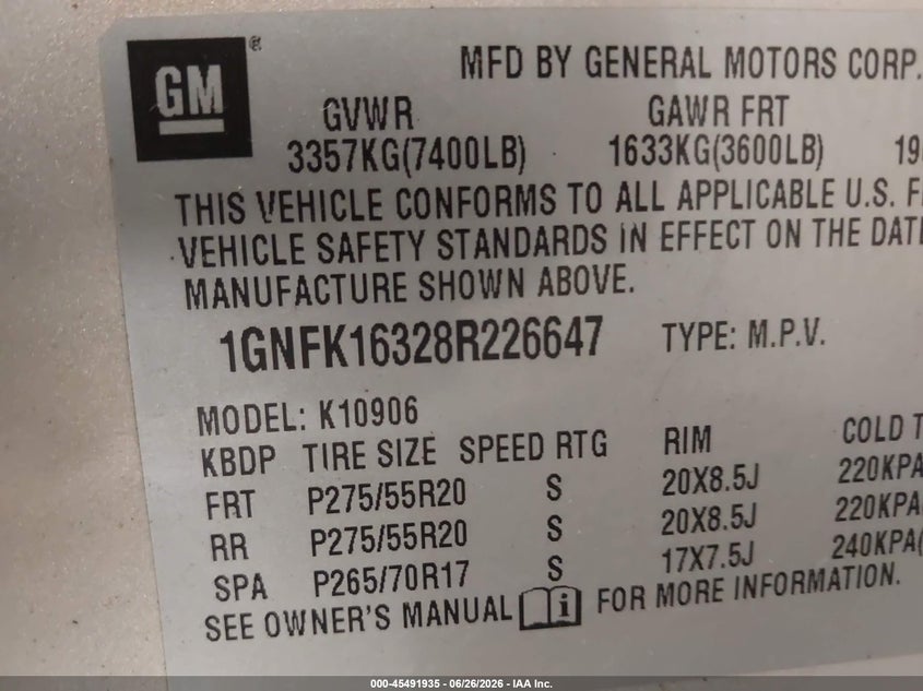 2008 Chevrolet Suburban 1500 VIN 1GNFK16328R226647 IAAI salvage auction — NORMAL WEAR, Clear (Minnesota), sold $875 on 2026-07-07 (photo 9)