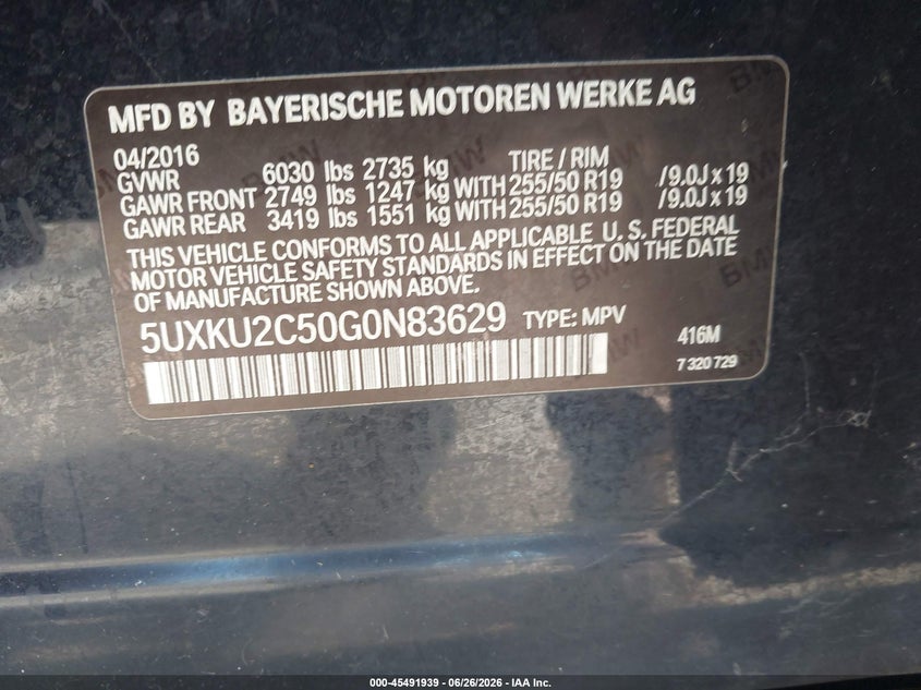 2016 BMW X6 VIN 5UXKU2C50G0N83629 IAAI salvage auction — FRONT END, Salvage (California), sold $6,900 on 2026-07-22 (photo 9)