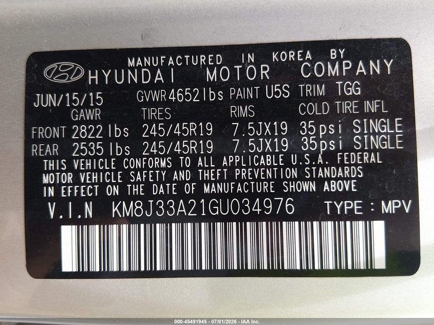 2016 Hyundai Tucson VIN KM8J33A21GU034976 IAAI salvage auction — FRONT & REAR, Salvage (Kansas), sold $2,350 on 2026-07-24 (photo 9)