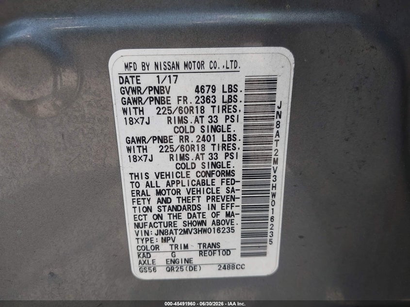 2017 Nissan Rogue VIN JN8AT2MV3HW016235 IAAI salvage auction — FRONT END, Mv-907A (New York), sold $1,350 on 2026-07-14 (photo 9)