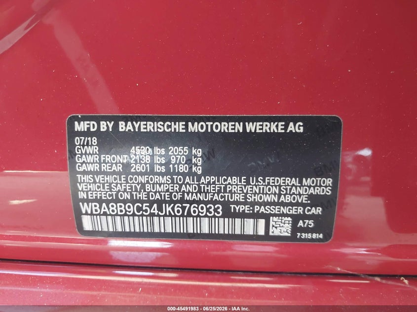 2018 BMW 3er VIN WBA8B9C54JK676933 IAAI salvage auction — RIGHT SIDE, Salvage Title, sold $6,000 on 2026-08-05 (photo 9)