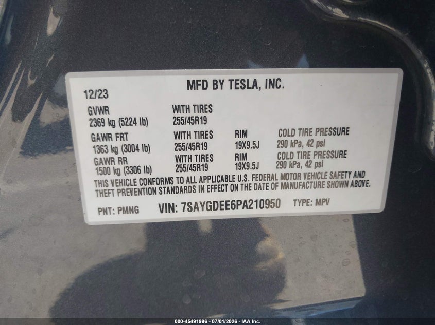 2023 Tesla Model y VIN 7SAYGDEE6PA210950 IAAI salvage auction — RIGHT FRONT, Salvage (Arizona), sold $8,300 on 2026-07-28 (photo 9)