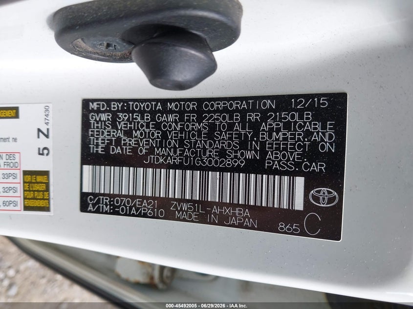 2016 Toyota Prius VIN JTDKARFU1G3002899 IAAI salvage auction — FRONT & REAR, Salvage Title, sold $2,550 on 2026-07-23 (photo 9)