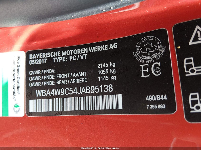 2018 BMW 4er VIN WBA4W9C54JAB95138 IAAI salvage auction — ENGINE DAMAGE, Salvage (Tennessee), sold $3,150 on 2026-07-21 (photo 9)