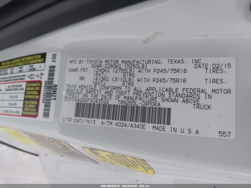 2015 Toyota Tacoma VIN 5TFTX4GNXFX043522 IAAI salvage auction — ALL OVER, Certificate Of Destruction (Florida), sold $1,500 on 2026-07-08 (photo 9)
