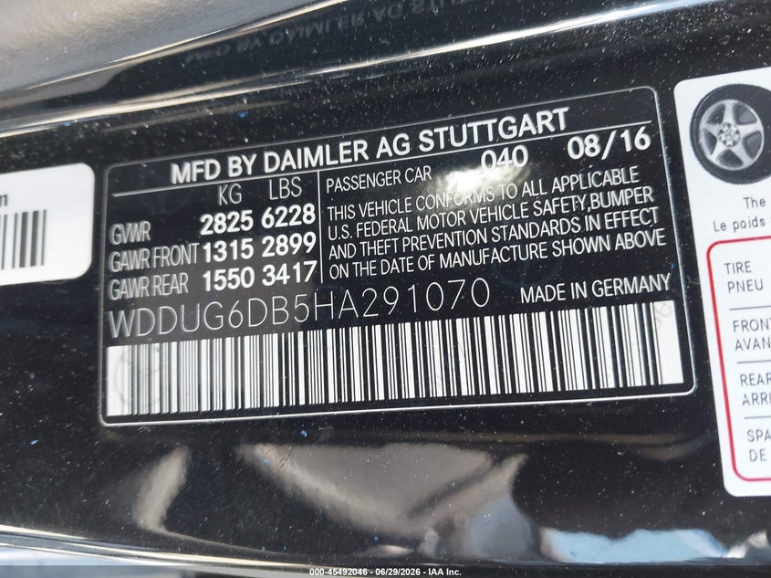 2017 Mercedes-benz S-klasse VIN WDDUG6DB5HA291070 IAAI salvage auction — FRONT END, Salvage Title, sold $5,500 on 2026-08-17 (photo 9)