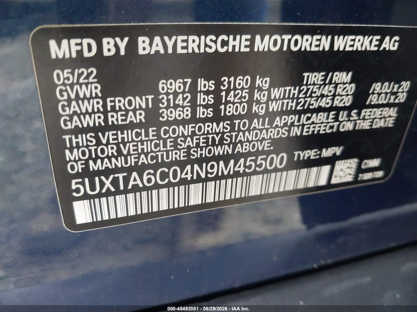 2022 BMW X5 VIN 5UXTA6C04N9M45500 IAAI salvage auction — STORM DAMAGE, Salvage (Virginia), sold $27,900 on 2026-07-27 (photo 9)