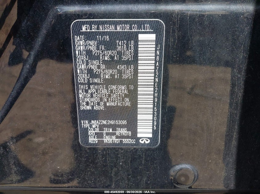 2017 Infiniti Qx80 VIN JN8AZ2NE2H9153095 IAAI salvage auction — LEFT FRONT, Salvage (Ohio), sold $25 on 2026-07-30 (photo 9)