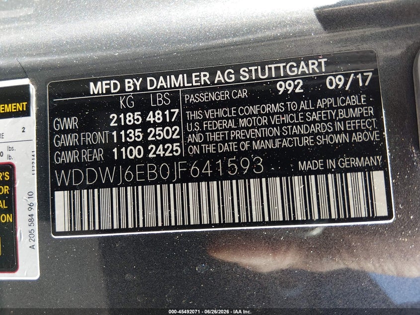 2018 Mercedes-benz VIN WDDWJ6EB0JF641593 IAAI salvage auction — FRONT END, Salvage Title, sold $10,300 on 2026-08-02 (photo 9)