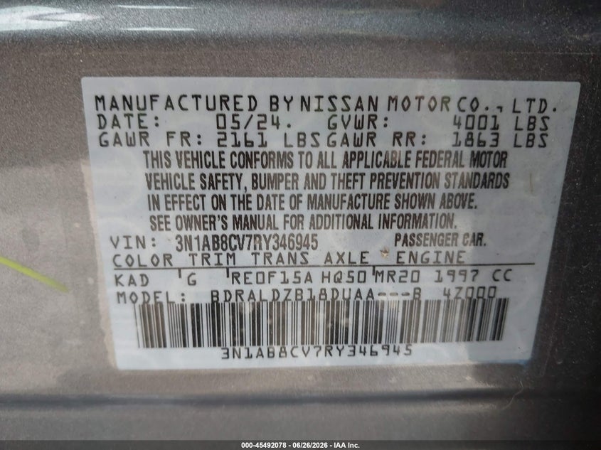 2024 Nissan Sentra VIN 3N1AB8CV7RY346945 IAAI salvage auction — RIGHT SIDE, Salvage (Pennsylvania), sold $5,125 on 2026-08-01 (photo 9)