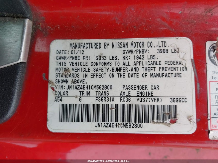 2012 Nissan 370z VIN JN1AZ4EH1CM562800 IAAI salvage auction — FRONT END, Salvage (California), sold $3,875 on 2026-07-28 (photo 9)