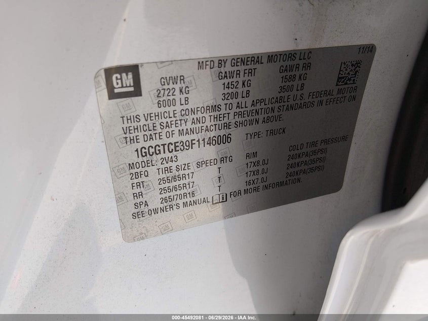 2015 Chevrolet Colorado VIN 1GCGTCE39F1146006 IAAI salvage auction — NORMAL WEAR, Clear (Texas), sold $8,150 on 2026-07-30 (photo 9)