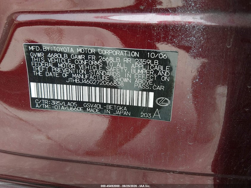 2007 Lexus Es 350 VIN JTHBJ46G272066838 IAAI salvage auction — NORMAL WEAR, Original (Texas), sold $950 on 2026-07-06 (photo 9)