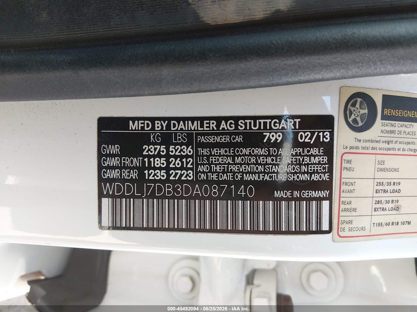 2013 Mercedes-benz Cls-klasse VIN WDDLJ7DB3DA087140 IAAI salvage auction — LEFT REAR, Salvage Title, sold $2,700 on 2026-08-05 (photo 9)