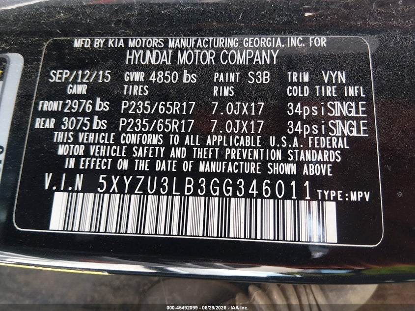 2016 Hyundai Santa fe VIN 5XYZU3LB3GG346011 IAAI salvage auction — NORMAL WEAR, Clear (Louisiana), sold $1,250 on 2026-07-29 (photo 9)