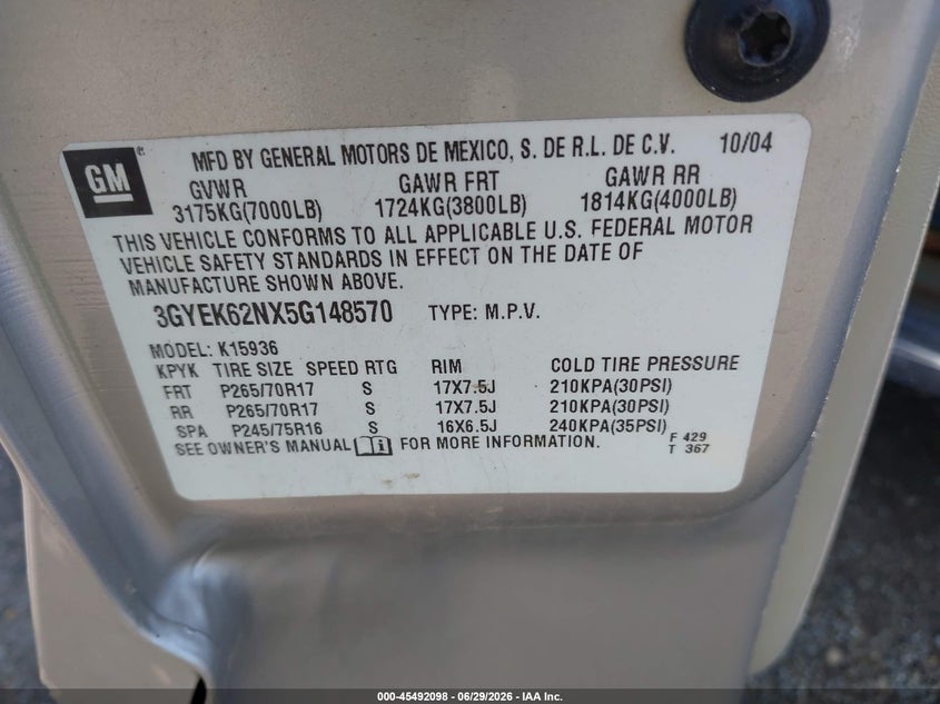2005 Cadillac Escalade ext VIN 3GYEK62NX5G148570 IAAI salvage auction — NORMAL WEAR, Clear (Illinois), sold $650 on 2026-07-08 (photo 9)