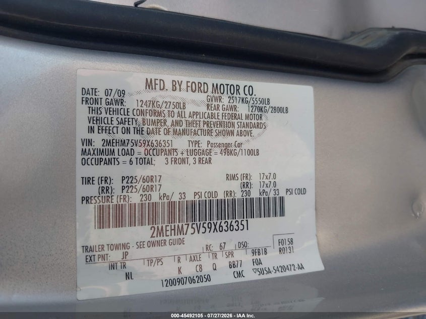 2009 Mercury Grand marquis VIN 2MEHM75V59X636351 IAAI salvage auction — UNKNOWN, Original (Texas), sold $1,250 on 2026-09-08 (photo 9)