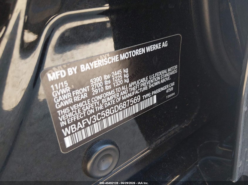 2016 BMW 5er VIN WBAFV3C58GD687569 IAAI salvage auction — FRONT END, Salvage (Iowa), sold $4,850 on 2026-07-27 (photo 9)