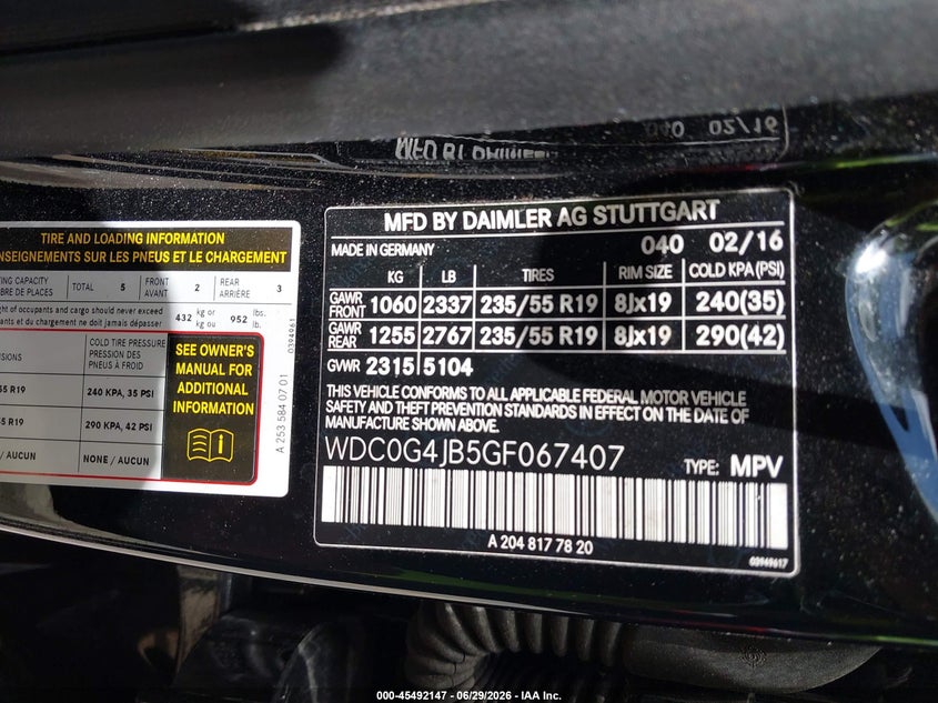 2016 Mercedes-benz Glc VIN WDC0G4JB5GF067407 IAAI salvage auction — ALL OVER, Rebuildable (Florida), sold $3,300 on 2026-07-28 (photo 9)