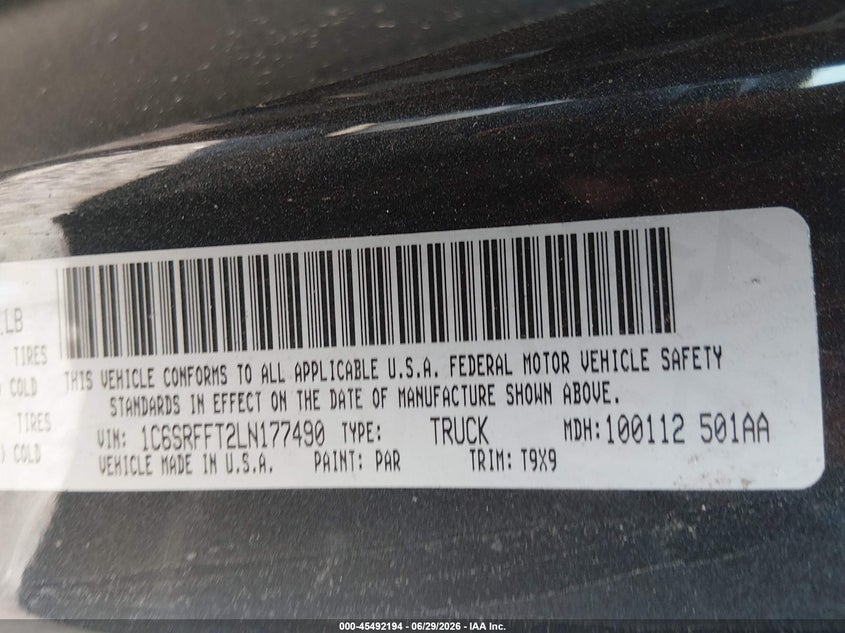 2020 Ram 1500 VIN 1C6SRFFT2LN177490 IAAI salvage auction — SIDE, Salvage (South Carolina), sold $4,950 on 2026-07-26 (photo 9)