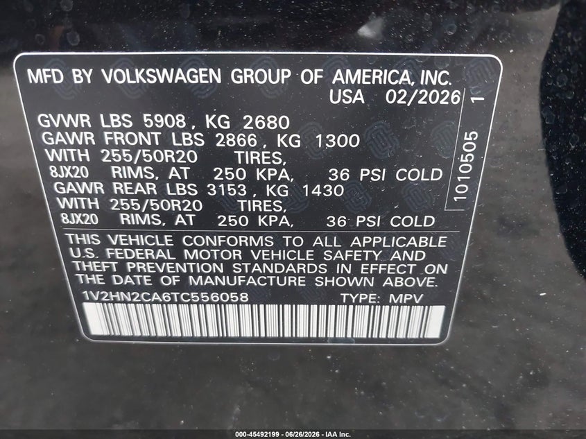2026 Volkswagen Atlas VIN 1V2HN2CA6TC556058 IAAI salvage auction — FRONT END, Enterprise Vehicles Clear Only (Washington), sold $20,100 on 2026-07-29 (photo 9)